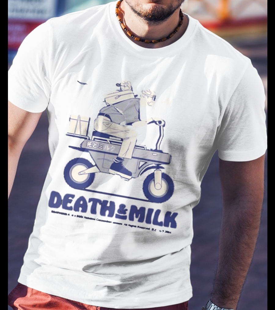 Death And Milk Riding Scooter With Package And Japanese Text T-Shirt