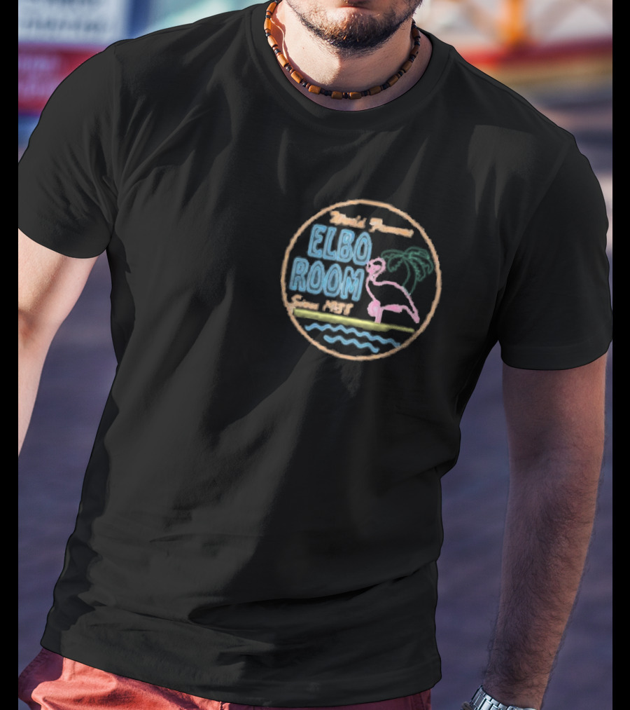 World Famous Elbo Room Since 1938 Neon Flamingo And Palm Tree T-Shirt
