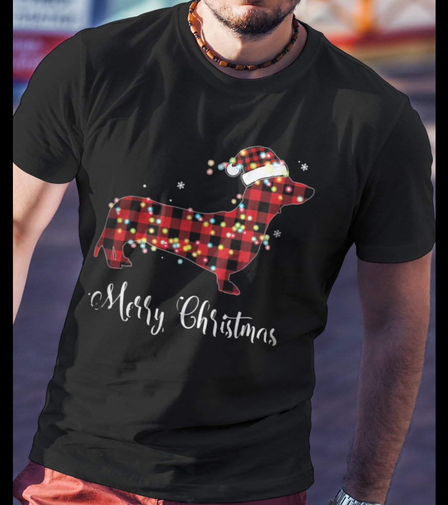 Merry Christmas Red Plaid Buffalo Dachshund With Santa Hat And Lights T-Shirt