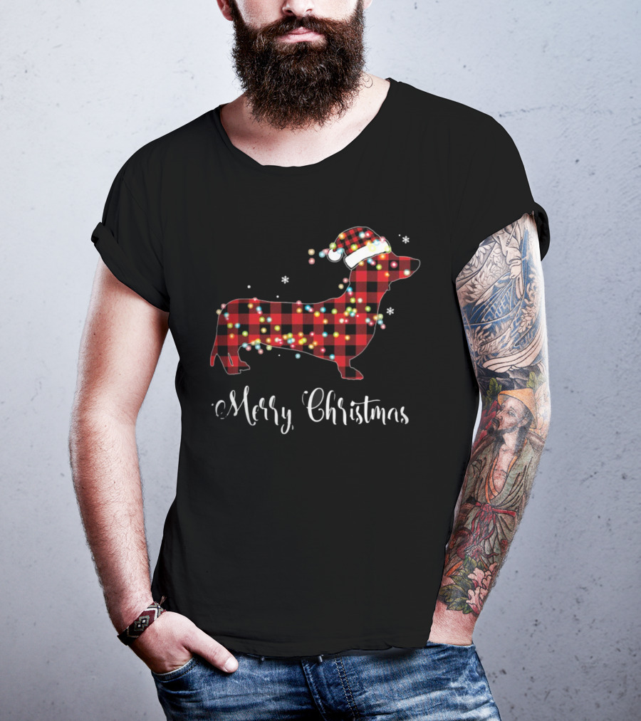 Merry Christmas Red Plaid Buffalo Dachshund With Santa Hat And Lights T-Shirt