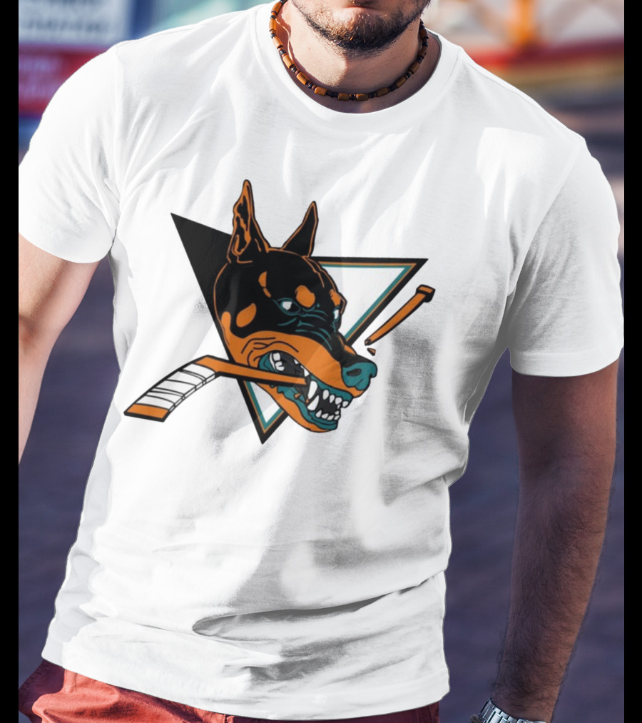 Kayzo San Jose Dogs Hockey Iconic Doberman Logo With Hockey Sticks T-Shirt
