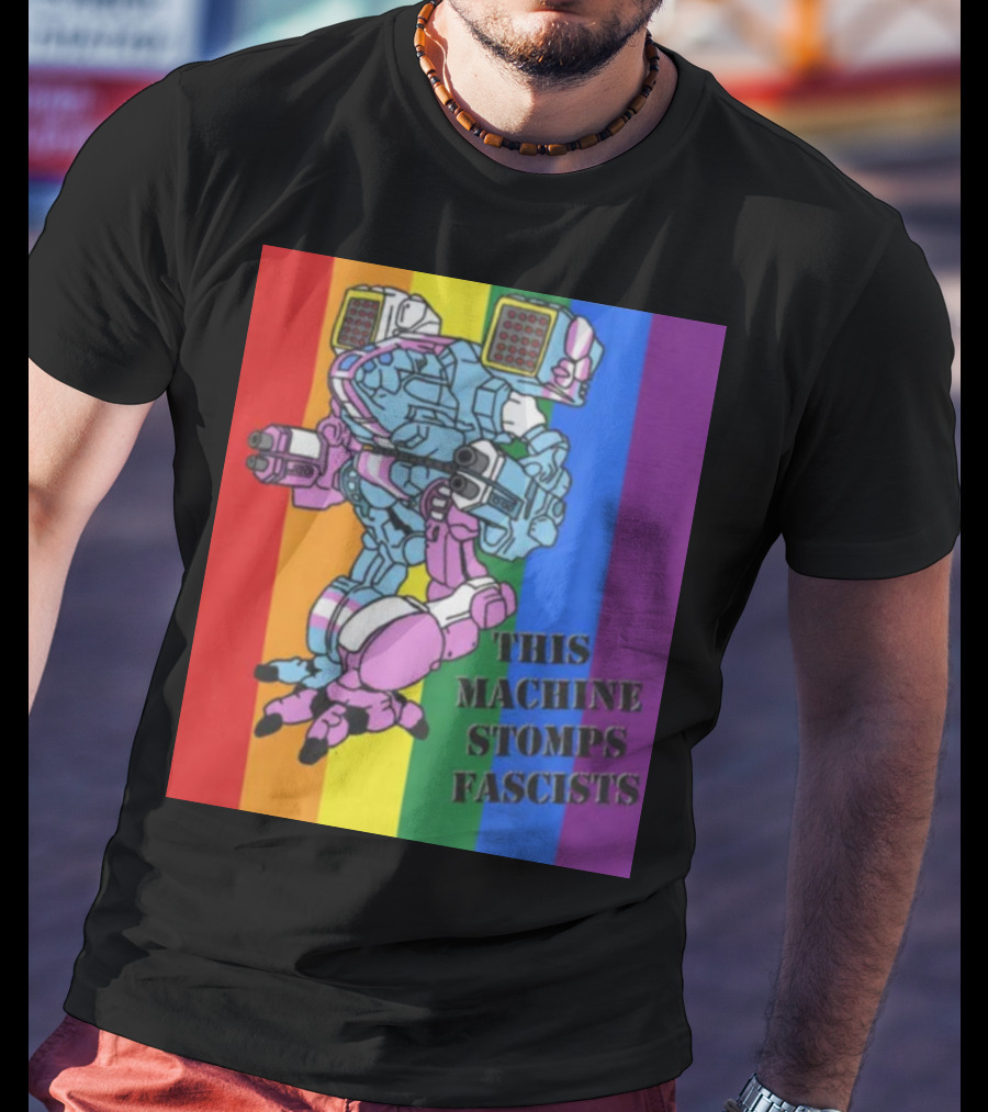 This Machine Stomps Fascists Mech Rainbow Stripes T-Shirt