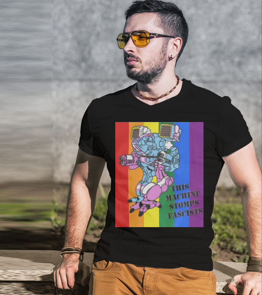 This Machine Stomps Fascists Mech Rainbow Stripes T-Shirt