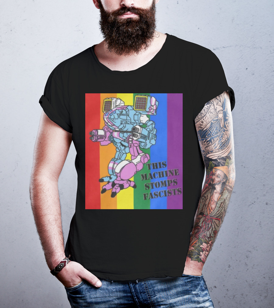 This Machine Stomps Fascists Mech Rainbow Stripes T-Shirt