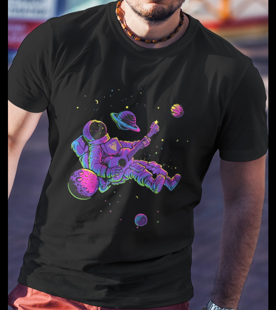 Mile Higher Far Out Astronaut Playing Guitar In Space Among Planets T-Shirt
