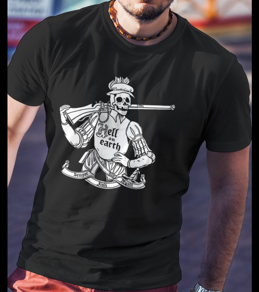 Hell On Earth Semper Finis Mundoi Skeleton Holding Rifle T-Shirt