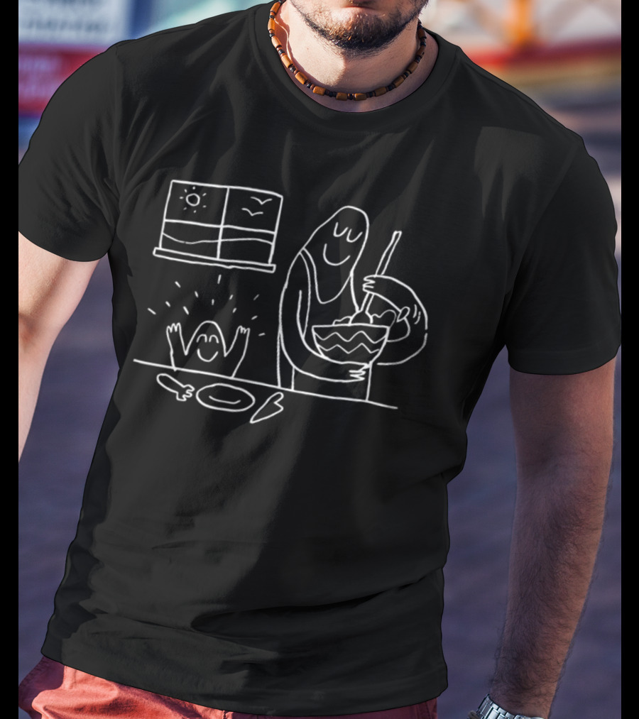 Topatoco Cooking Wholesome Family Kitchen Scene With Window Sun And Smiling Figures T-Shirt
