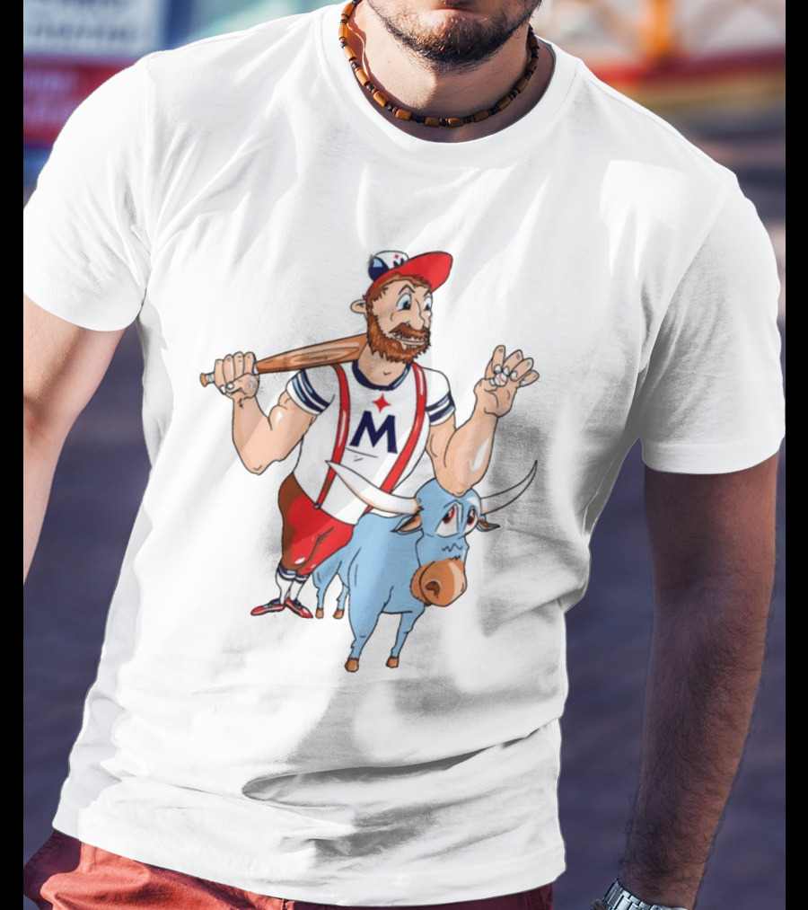 Barret Lee Paul Bunyan Cartoon Baseball Mascot With Blue Ox Babe And M T-Shirt