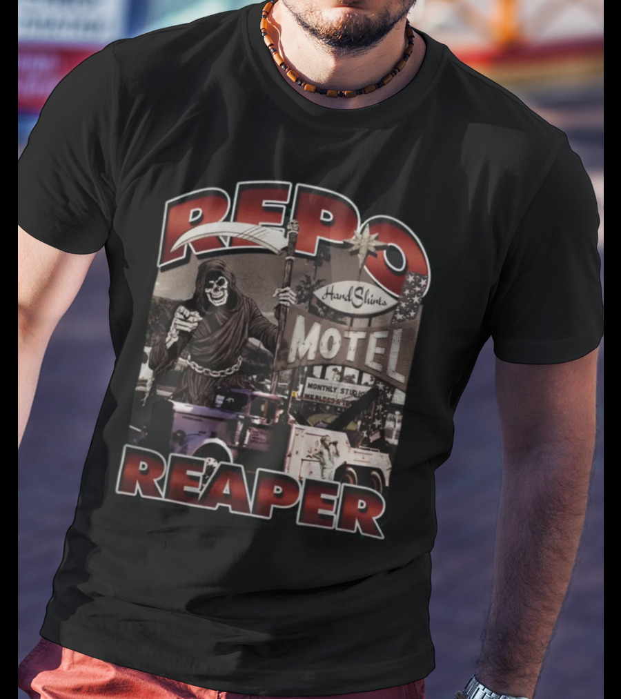 Repo Reaper Grim Skeleton Scythe Hard Slines Motel Scene T-Shirt