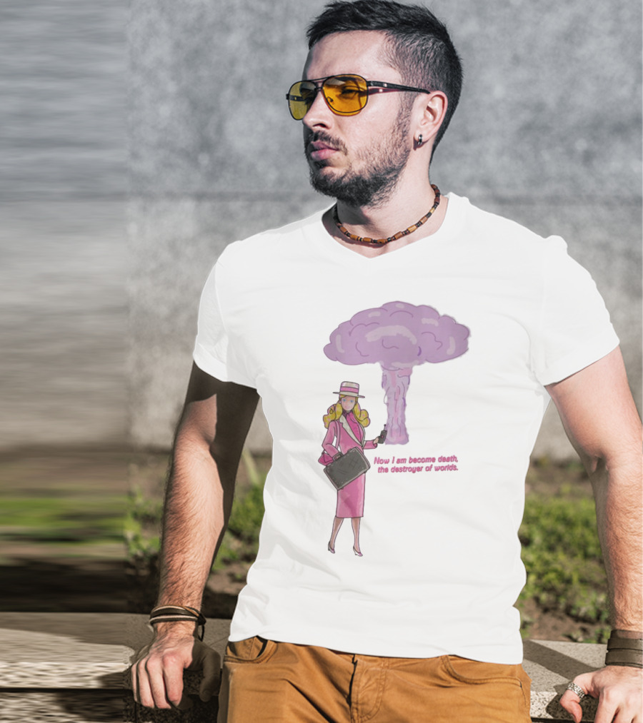Now I Am Become Death The Destroyer Of Worlds Blonde Woman Pink Outfit Holding Bag Phone With Purple Mushroom Cloud T-Shirt