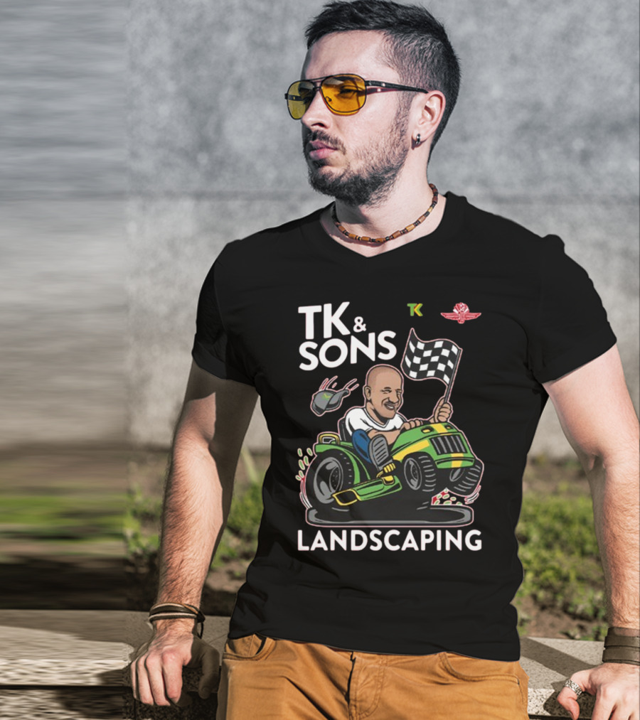 TK And Sons Landscaping Racing Lawn Mower Checkered Flag Victory T-Shirt