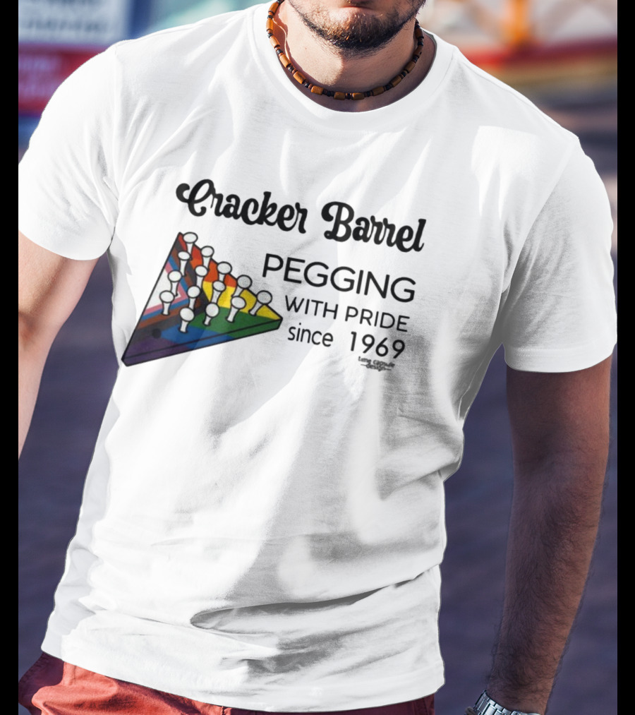 Cracker Barrel Pegging With Pride Since 1969 Rainbow Triangle Peg Board T-Shirt