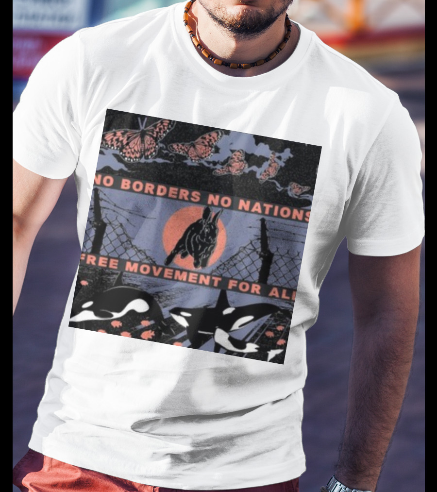 No Borders No Nations Free Movement For All Butterflies Rabbit Orcas Fence Orange Background T-Shirt
