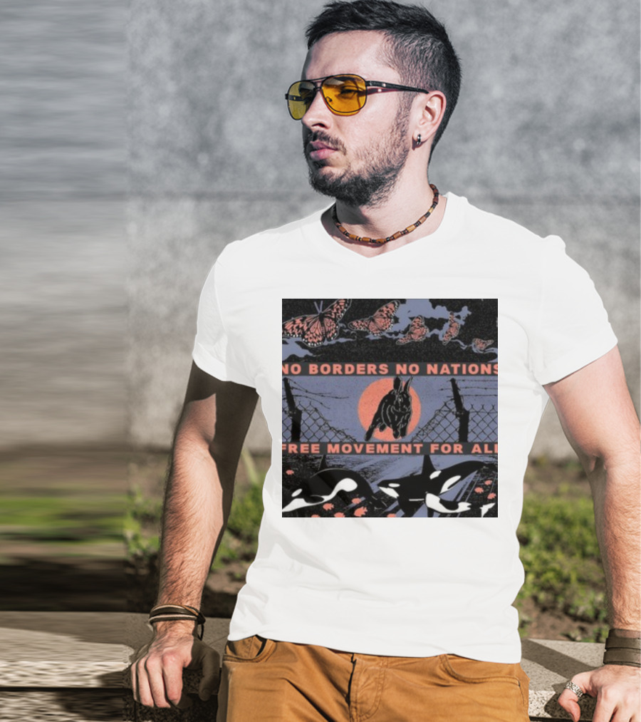 No Borders No Nations Free Movement For All Butterflies Rabbit Orcas Fence Orange Background T-Shirt