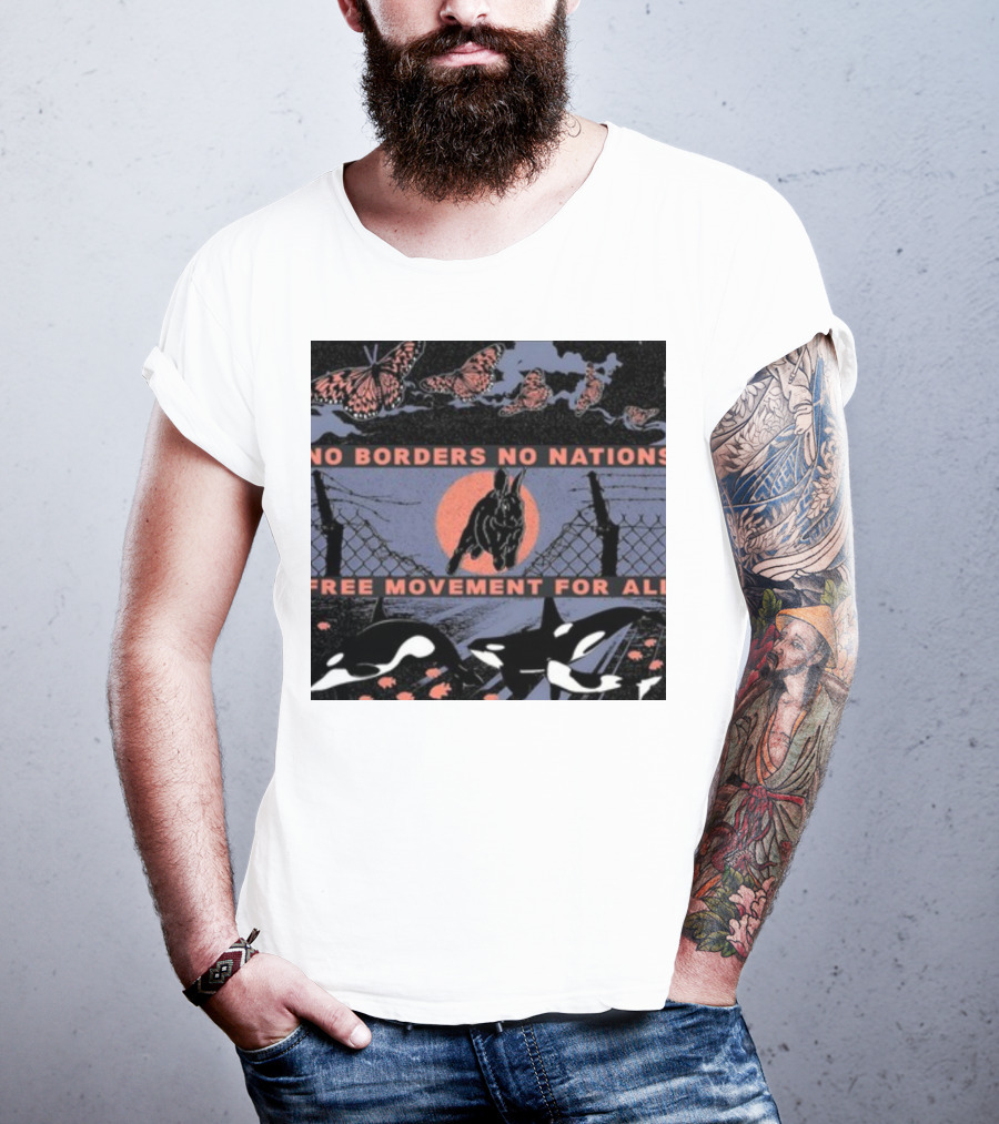 No Borders No Nations Free Movement For All Butterflies Rabbit Orcas Fence Orange Background T-Shirt