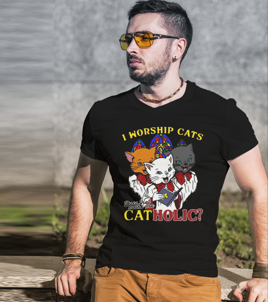 I Worship Cats Does That Make Me Catholic Cat Choir Stained Glass T-Shirt