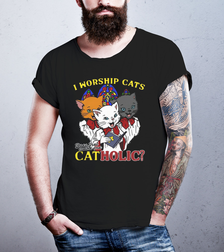 I Worship Cats Does That Make Me Catholic Cat Choir Stained Glass T-Shirt