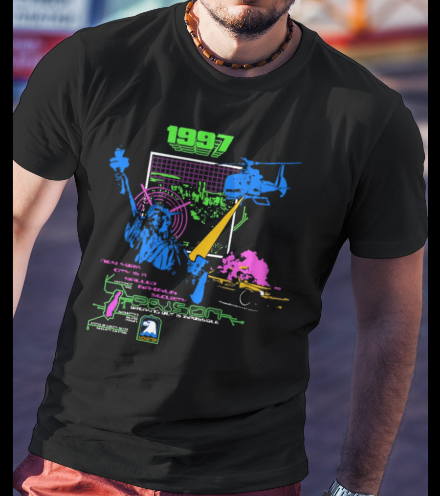 1997 New York City Is A Walled Maximum Security Prison Breaking Out Is Impossible Helicopter Statue Of Liberty Explosion Scene T-Shirt