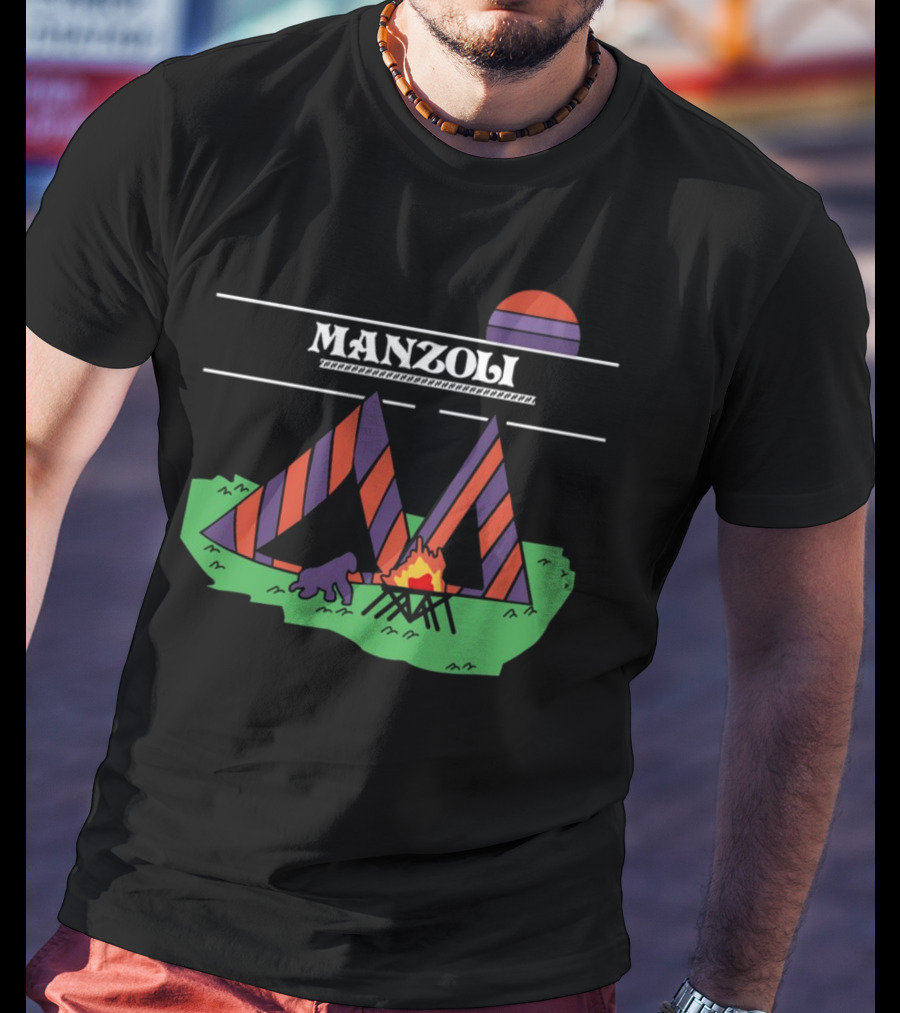 MANZOLI Tent Camping Fire Sunset Stripes T-Shirt