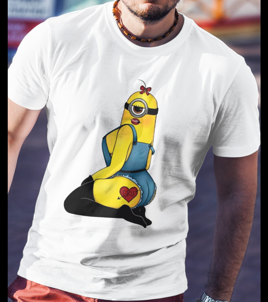 Minion In Blue Overalls With Gru Heart Tattoo And Red Bow T-Shirt