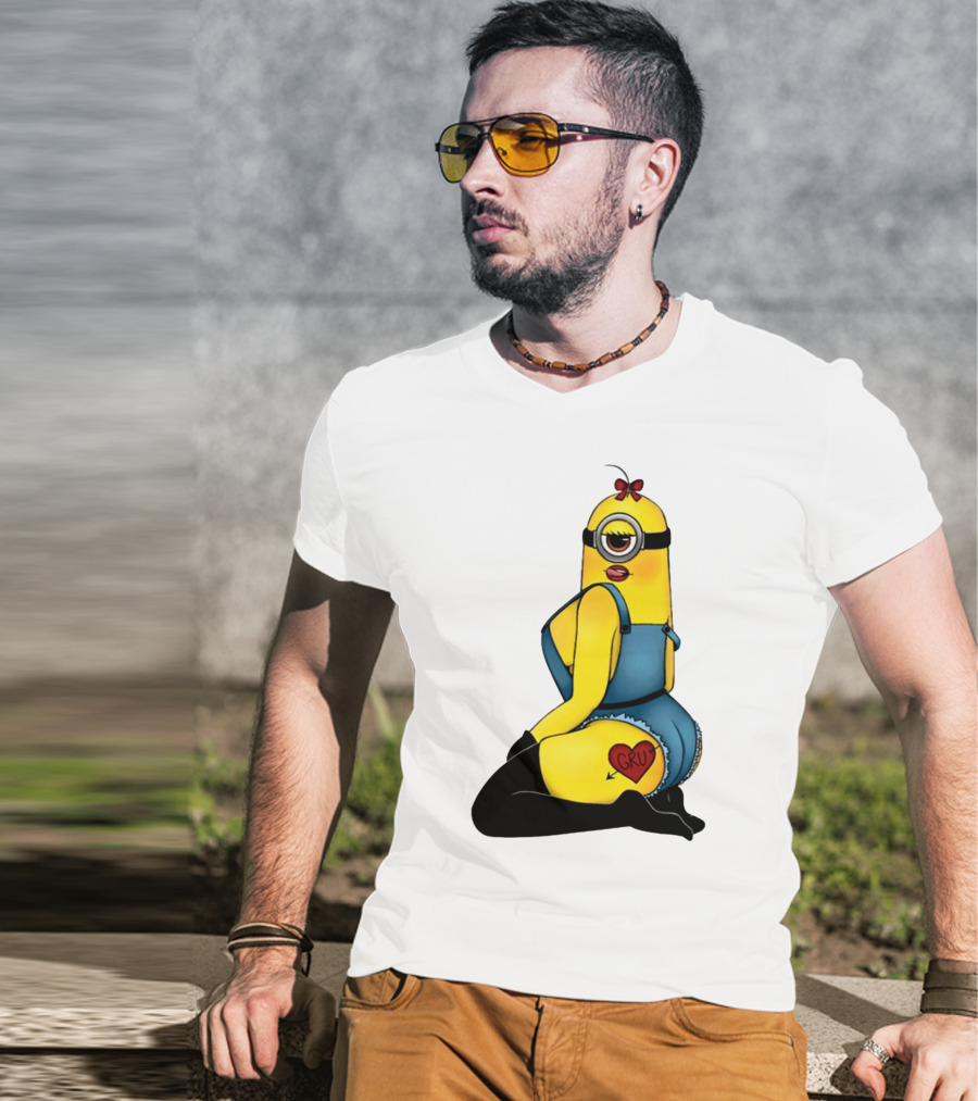 Minion In Blue Overalls With Gru Heart Tattoo And Red Bow T-Shirt