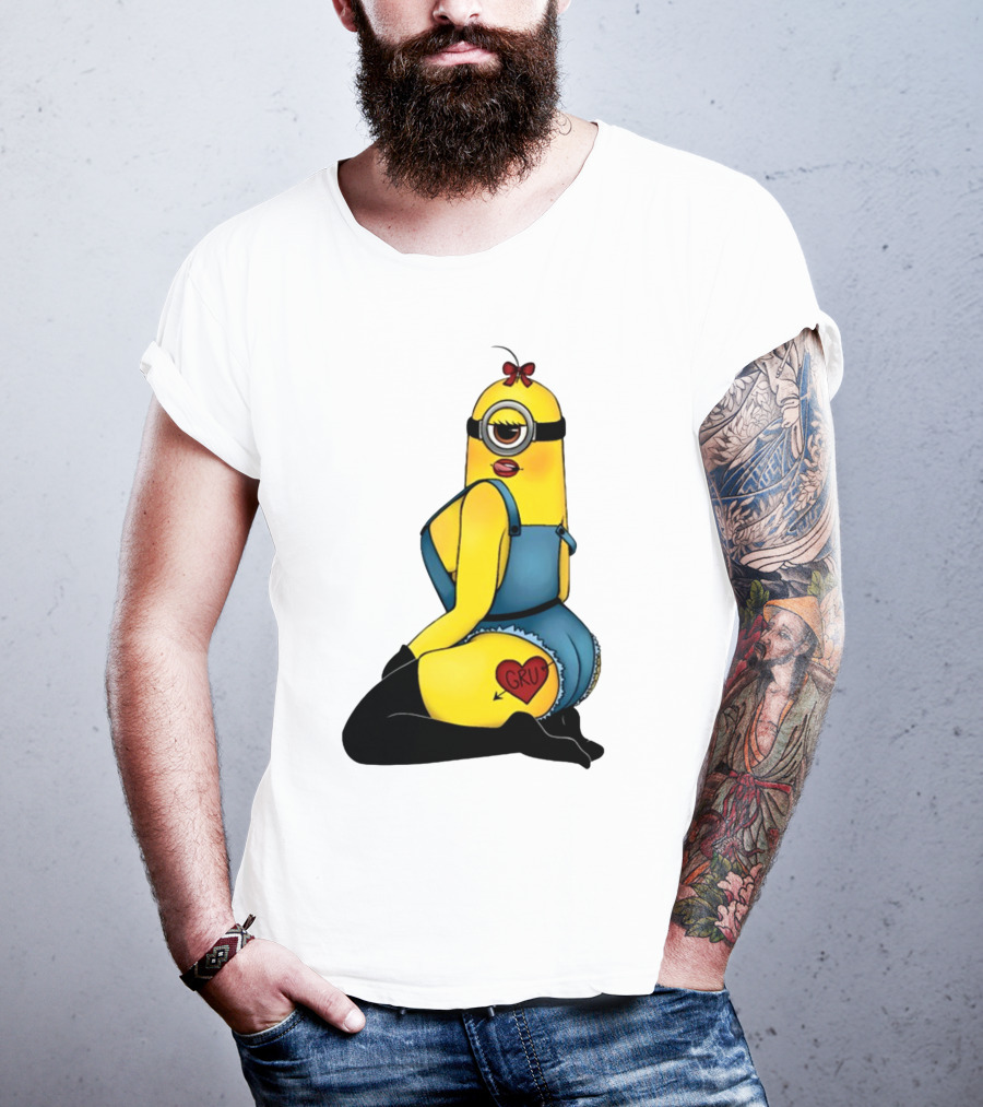 Minion In Blue Overalls With Gru Heart Tattoo And Red Bow T-Shirt