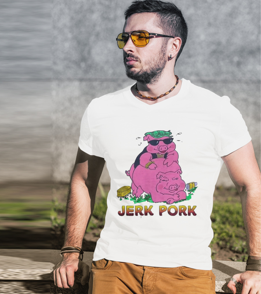 Jerk Pork Cartoon Pigs With Sunglasses And Gold Chain T-Shirt