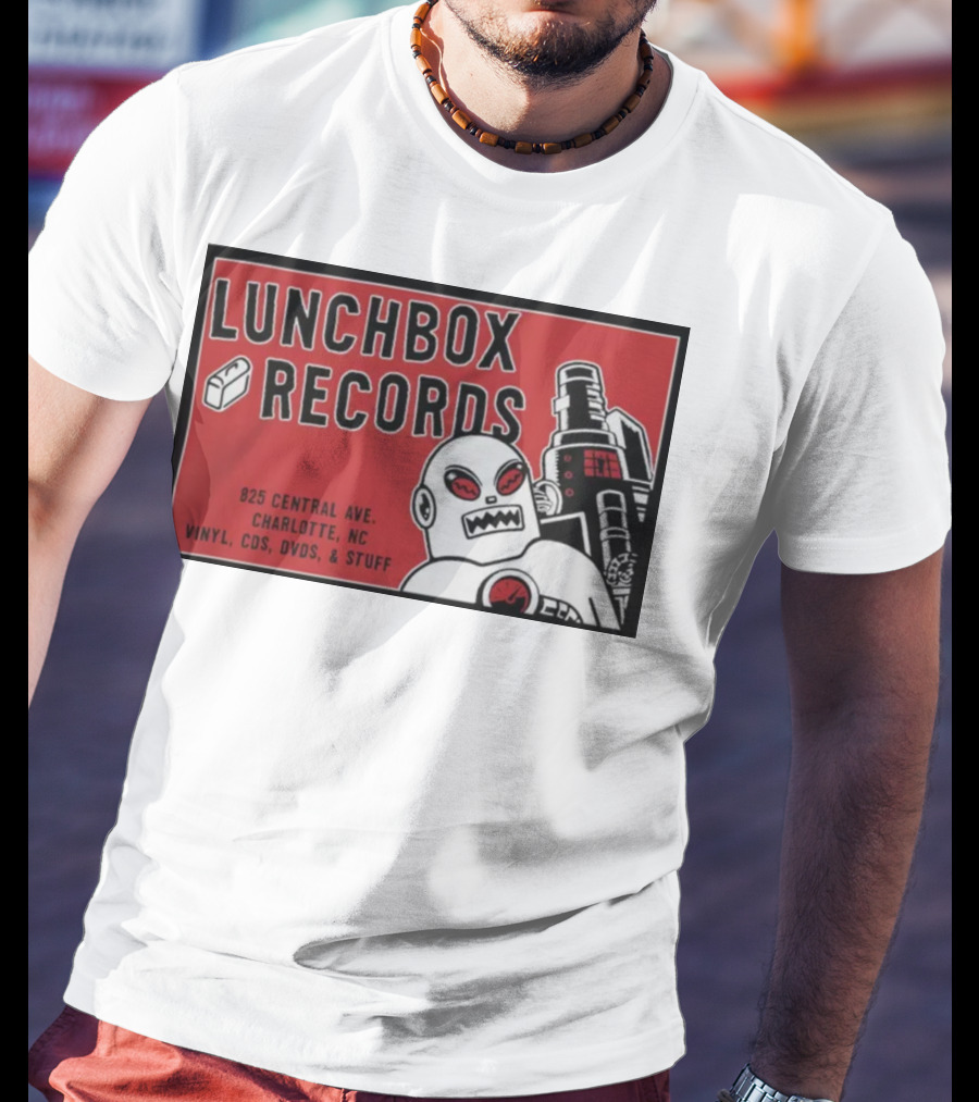 Lunchbox Records 825 Central Ave Charlotte NC Vinyl CDs DVDs Stuff Robot T-Shirt