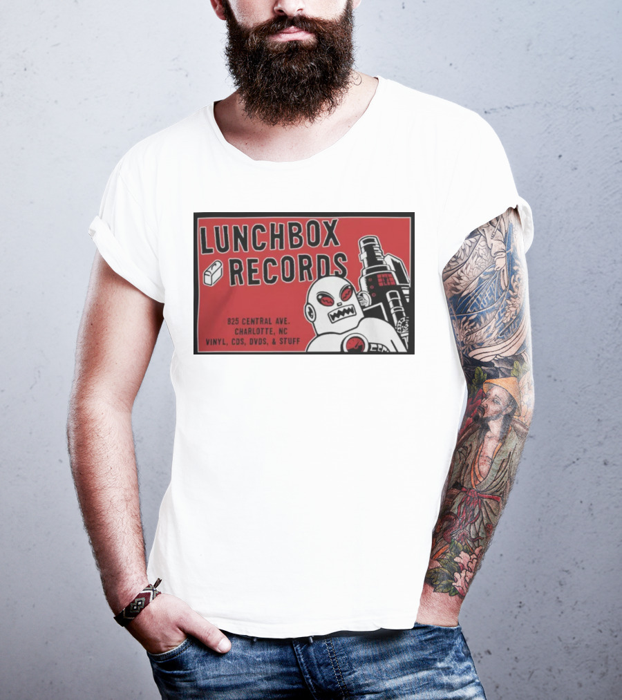Lunchbox Records 825 Central Ave Charlotte NC Vinyl CDs DVDs Stuff Robot T-Shirt