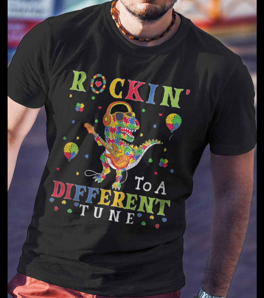 Rockin' To A Different Tune TRex Dinosaur Autism Awareness Puzzle Pieces T-Shirt