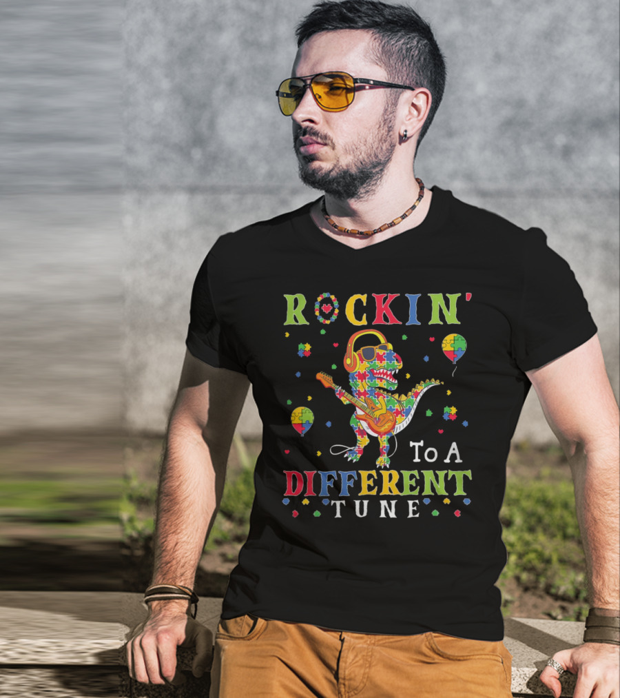 Rockin' To A Different Tune TRex Dinosaur Autism Awareness Puzzle Pieces T-Shirt