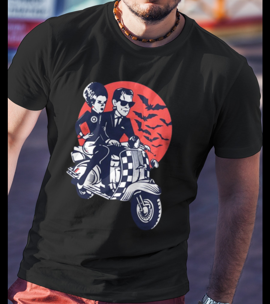 Ska-Lloween Couple Riding Scooter With Bats In Halloween Moon Sky T-Shirt