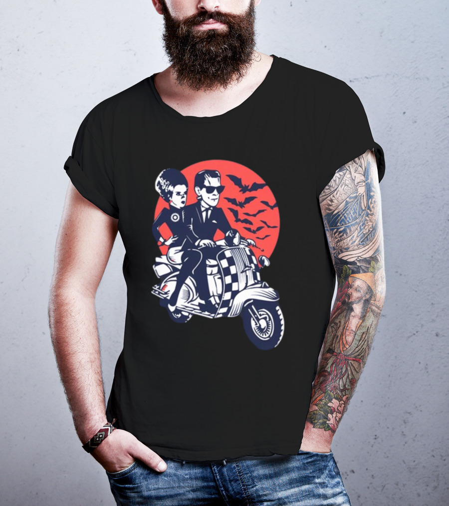 Ska-Lloween Couple Riding Scooter With Bats In Halloween Moon Sky T-Shirt