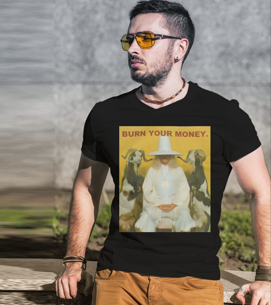 BURN YOUR MONEY White Suit Man With Goats T-Shirt
