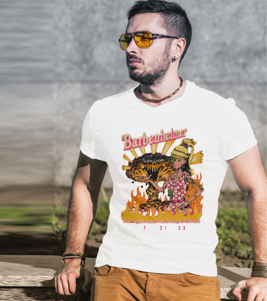 Barbenheimer Now I Am Become Death Destroyer Of Worlds 7 21 23 Retro Style Atomic Explosion Barbie Doll Flames T-Shirt