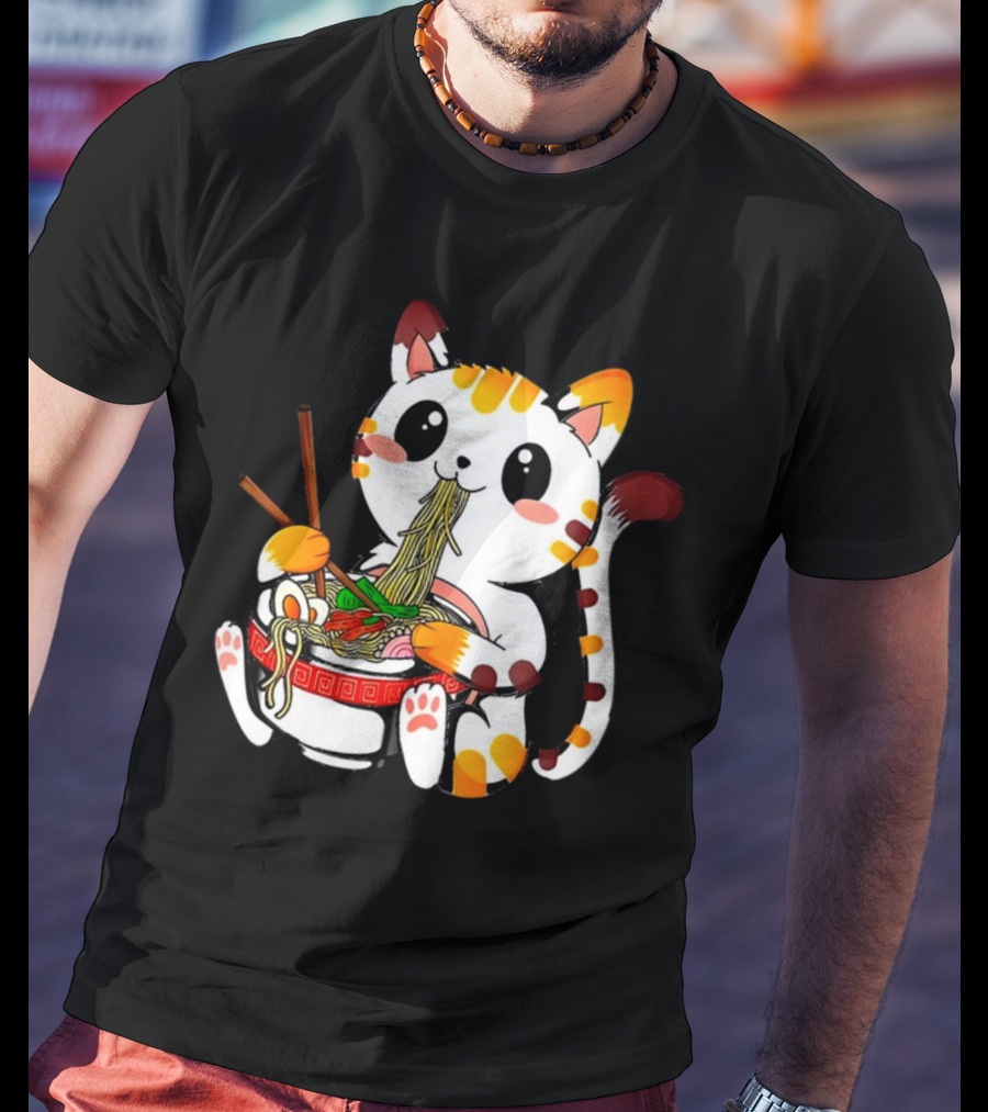 Furia Hiswattson Cat Enjoying Ramen Bowl With Chopsticks T-Shirt