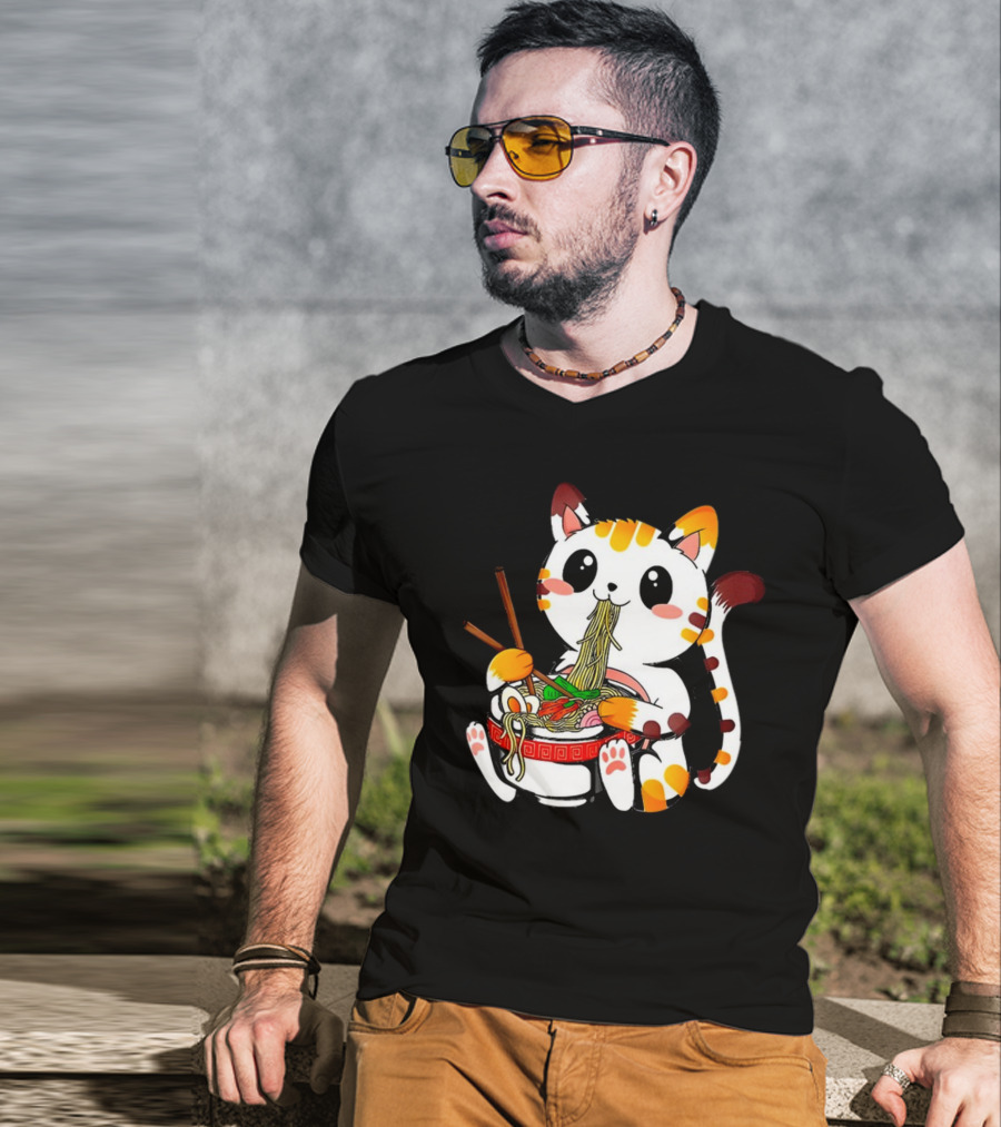 Furia Hiswattson Cat Enjoying Ramen Bowl With Chopsticks T-Shirt