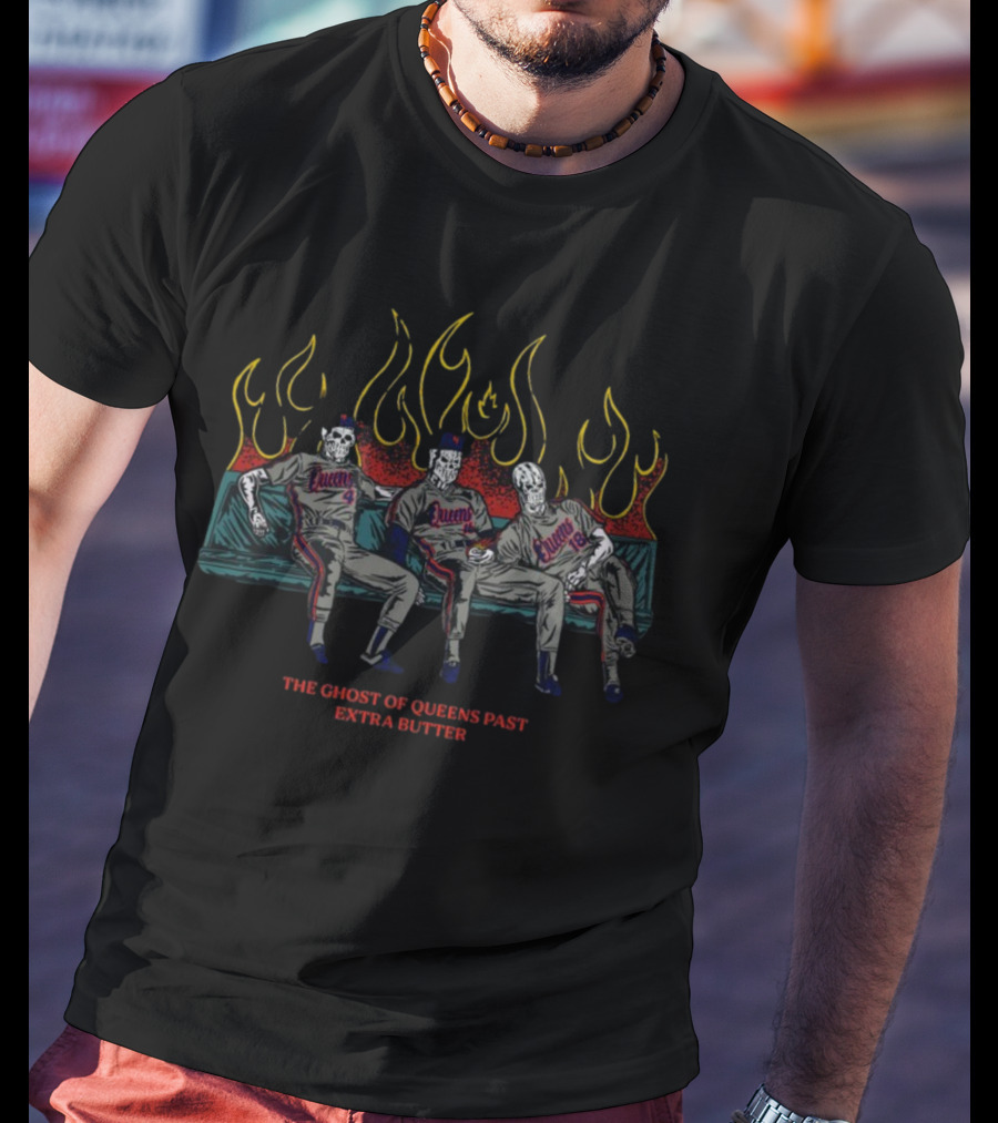The Ghost Of Queens Past Extra Butter Queens Baseball Skeletons Flames T-Shirt