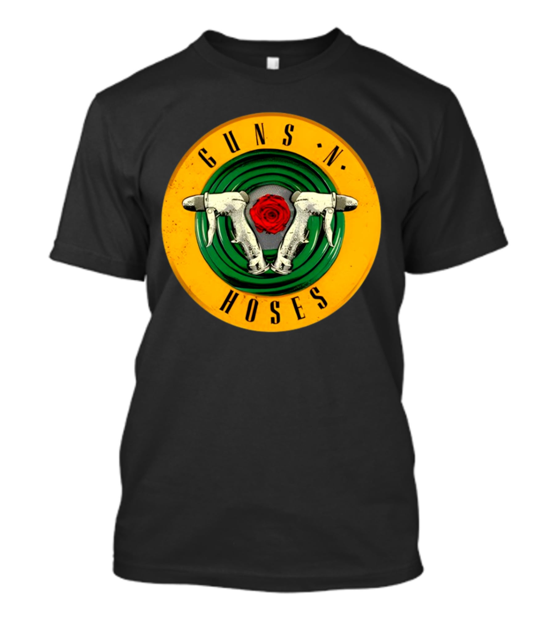 Guns N Hoses Firefighter Hydrant Nozzle Cross With Rose Circle Emblem T-Shirt