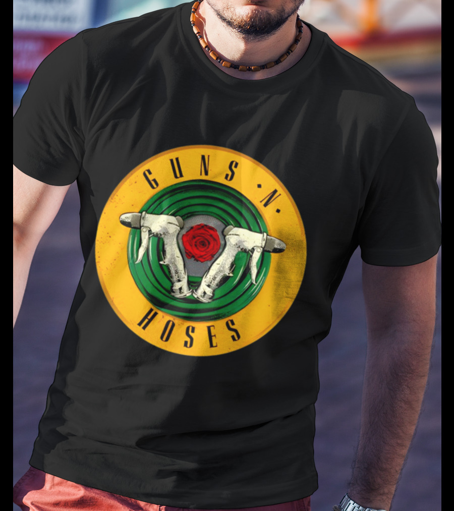 Guns N Hoses Firefighter Hydrant Nozzle Cross With Rose Circle Emblem T-Shirt