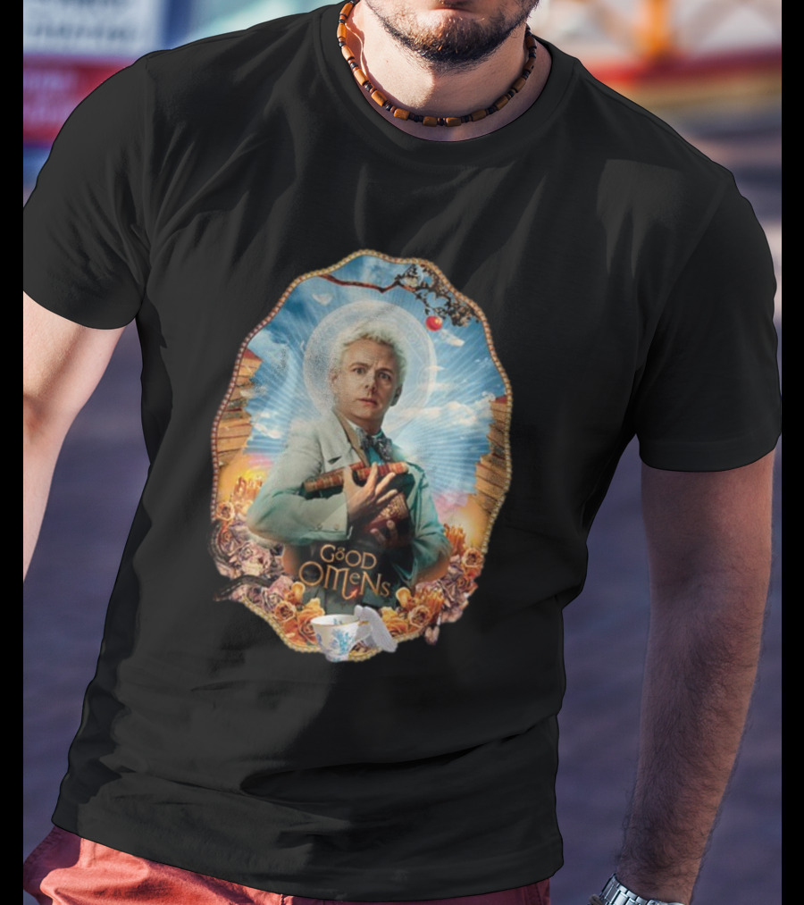 Good Omens Aziraphale Holding Books And Broken Tea Cup With Halo And Clouds T-Shirt
