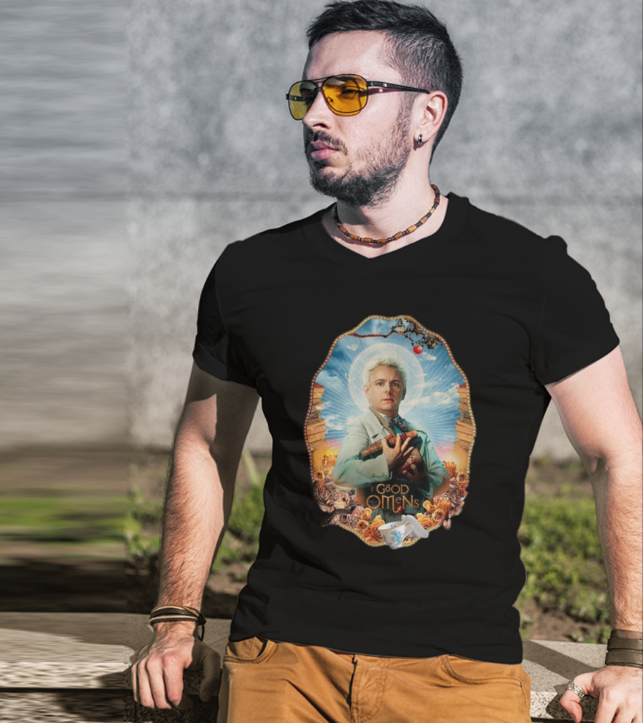 Good Omens Aziraphale Holding Books And Broken Tea Cup With Halo And Clouds T-Shirt