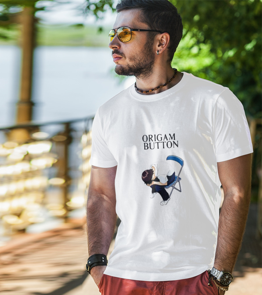 Origami Button Melancholic Anime Character On Folding Chair T-Shirt