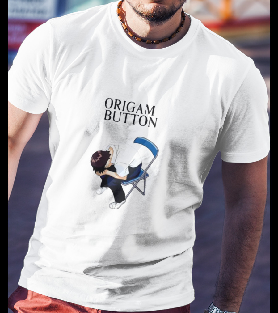 Origami Button Melancholic Anime Character On Folding Chair T-Shirt