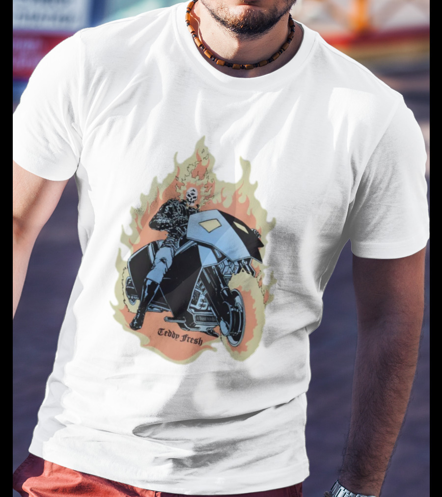 Teddy Fresh Tf X Marvel Ghost Rider Uv Activated Flames Motorcycle T-Shirt