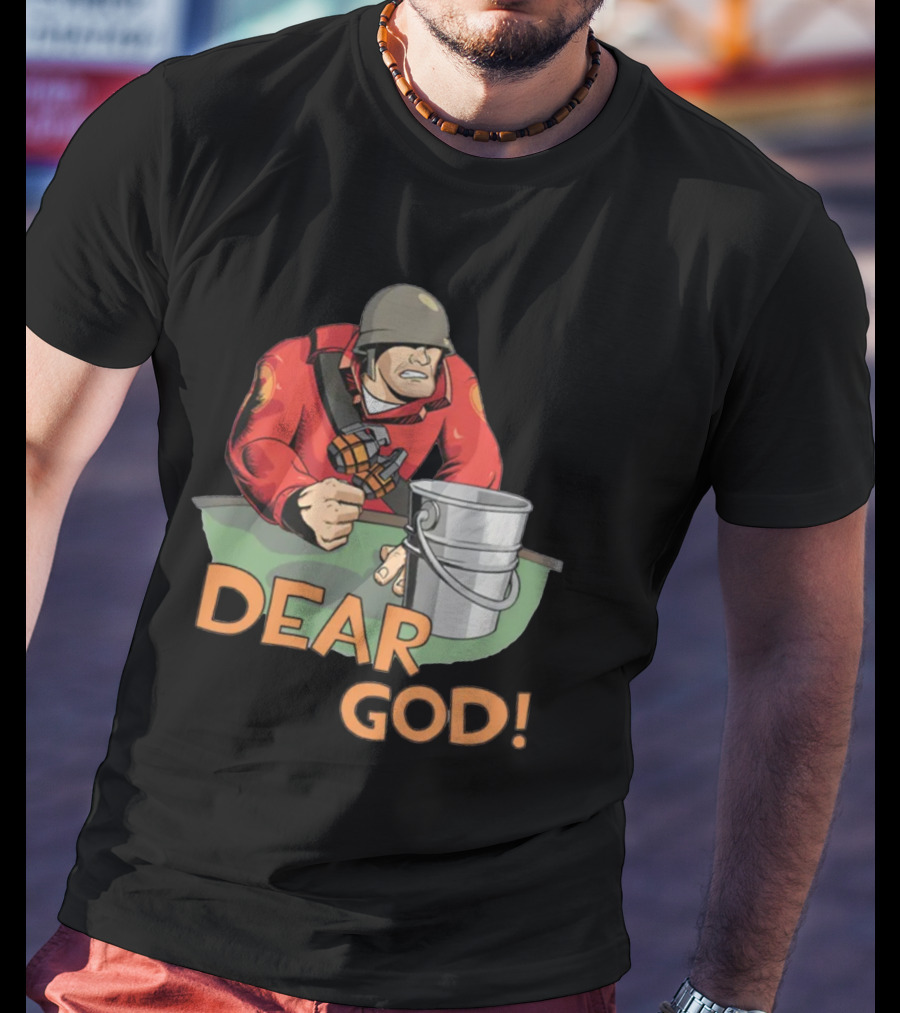 Team Fortress 2 Soldier Red Outfit With Grenade And Bucket Dear God T-Shirt