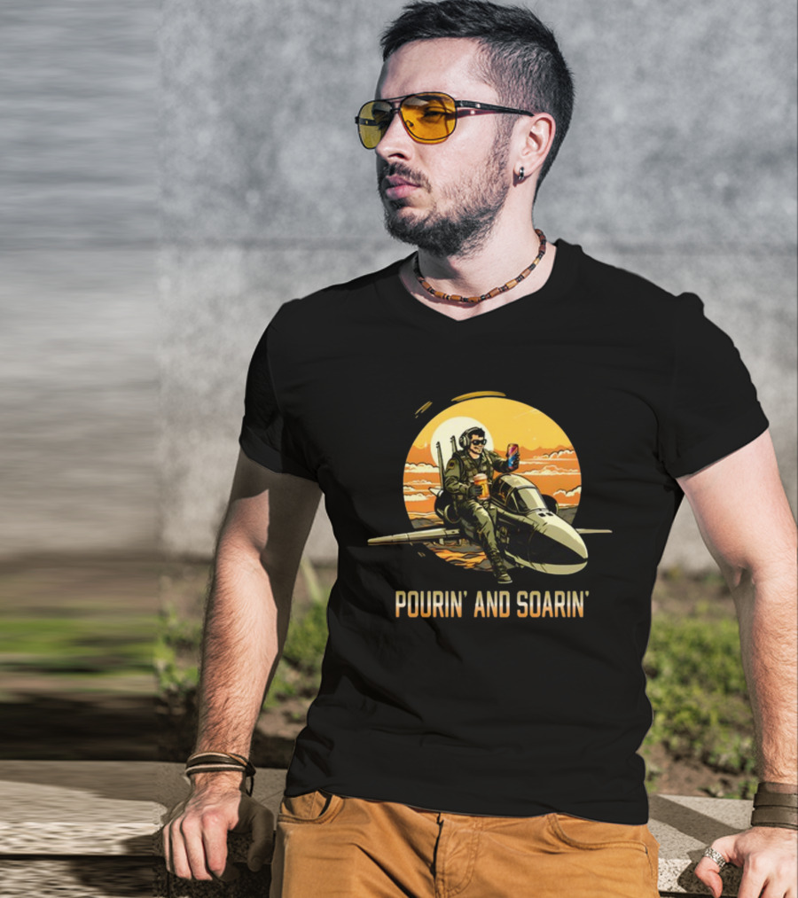 Pourin And Soarin Pilot With Drinks On Jet T-Shirt
