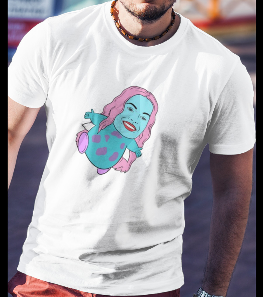 Margot X Bibble Fusion Cartoon Character With Pink Hair And Smiling Face On Blue Creature Body T-Shirt