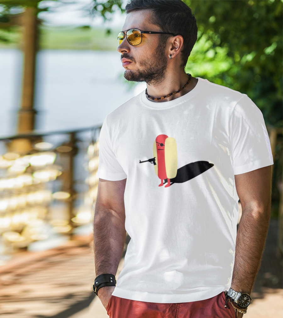 Melody Of Puns Diabolical Hot Dog With Smoking Gun And Eyepatch T-Shirt