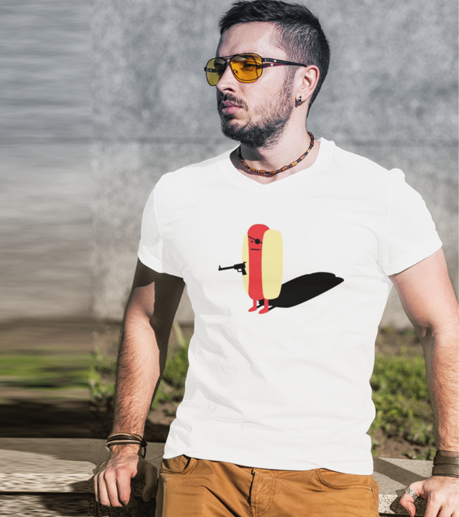 Melody Of Puns Diabolical Hot Dog With Smoking Gun And Eyepatch T-Shirt